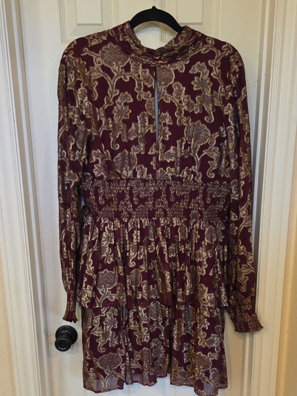 Burgundy Long-Sleeve Smocked-Waist Dress with Gold Floral Detail